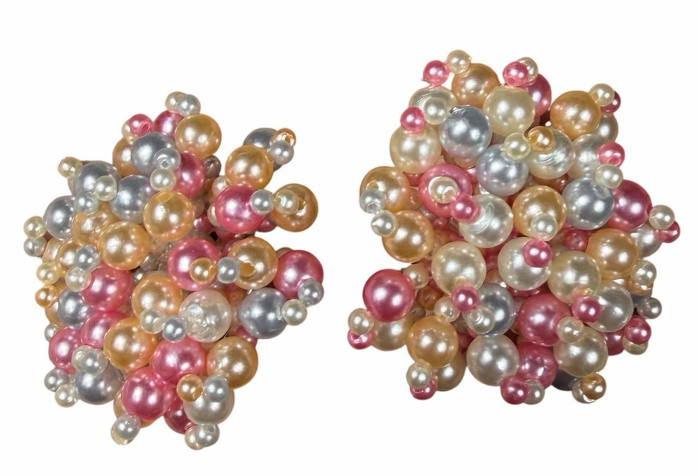 Vintage Faux Pearl Cluster Clip On Earrings Pink Peach Silver White Statement